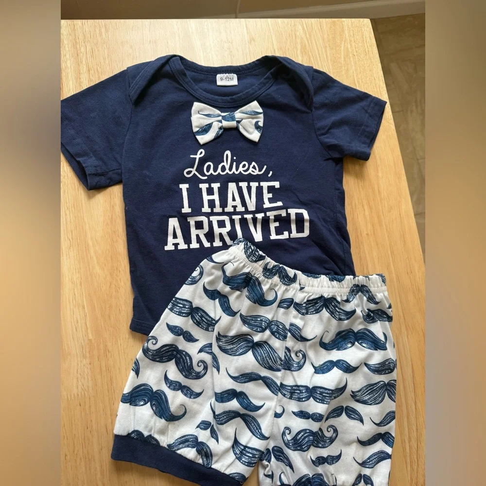 Navy Blue Kids Set with Bow Tie and Mustache Print